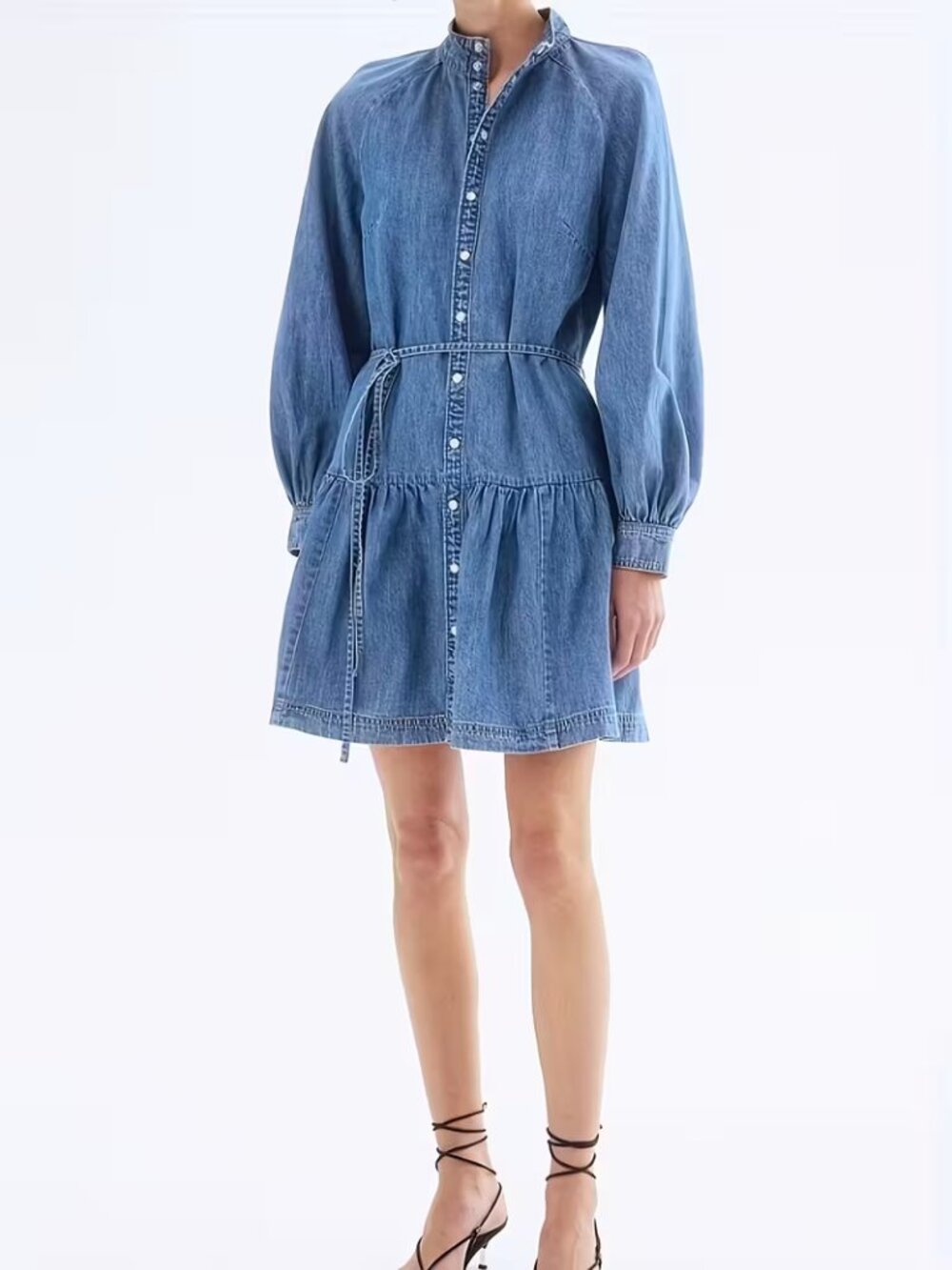 Lantern Sleeve Waist Tie Denim Dress - Picture 4 of 5
